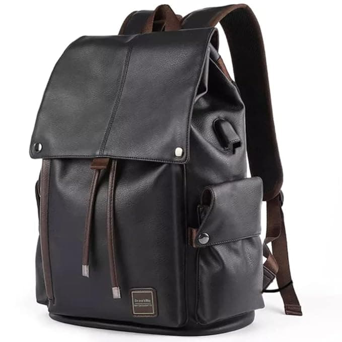 WALKENT Premium 15.6" Laptop Bag, Vegan Leather, Waterproof, External USB, Flap & Drawstring Closure, Backpack for College, Office, Men, Women - Spruce 24L